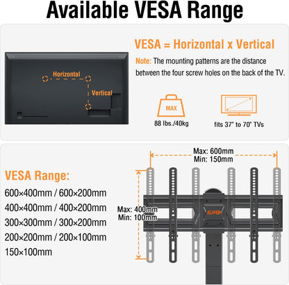 Universal Swivel TV Stand Base, Table Top TV Stand for Most 37-70 inch LCD LED Flat Screen TVs, Height Adjustable TV Mount Stand with Tempered Glass Base, VESA 600x400mm, Holds up to 88 lbs. ELIVED