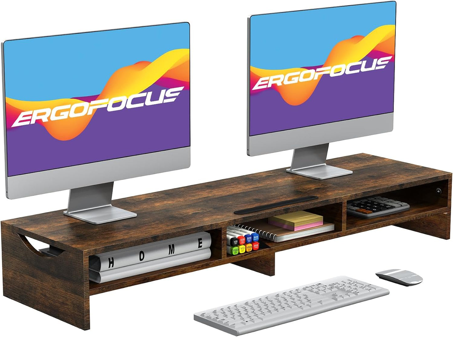 ErgoFocus Large Dual Monitor Stand Riser, 2 Tiers Monitor Riser with Cellphone Holder, Wood Monitor Riser with 3 Shelf Storage, Monitor Stand Riser for 2 Monitors, Multi Screen Stand for Home Office