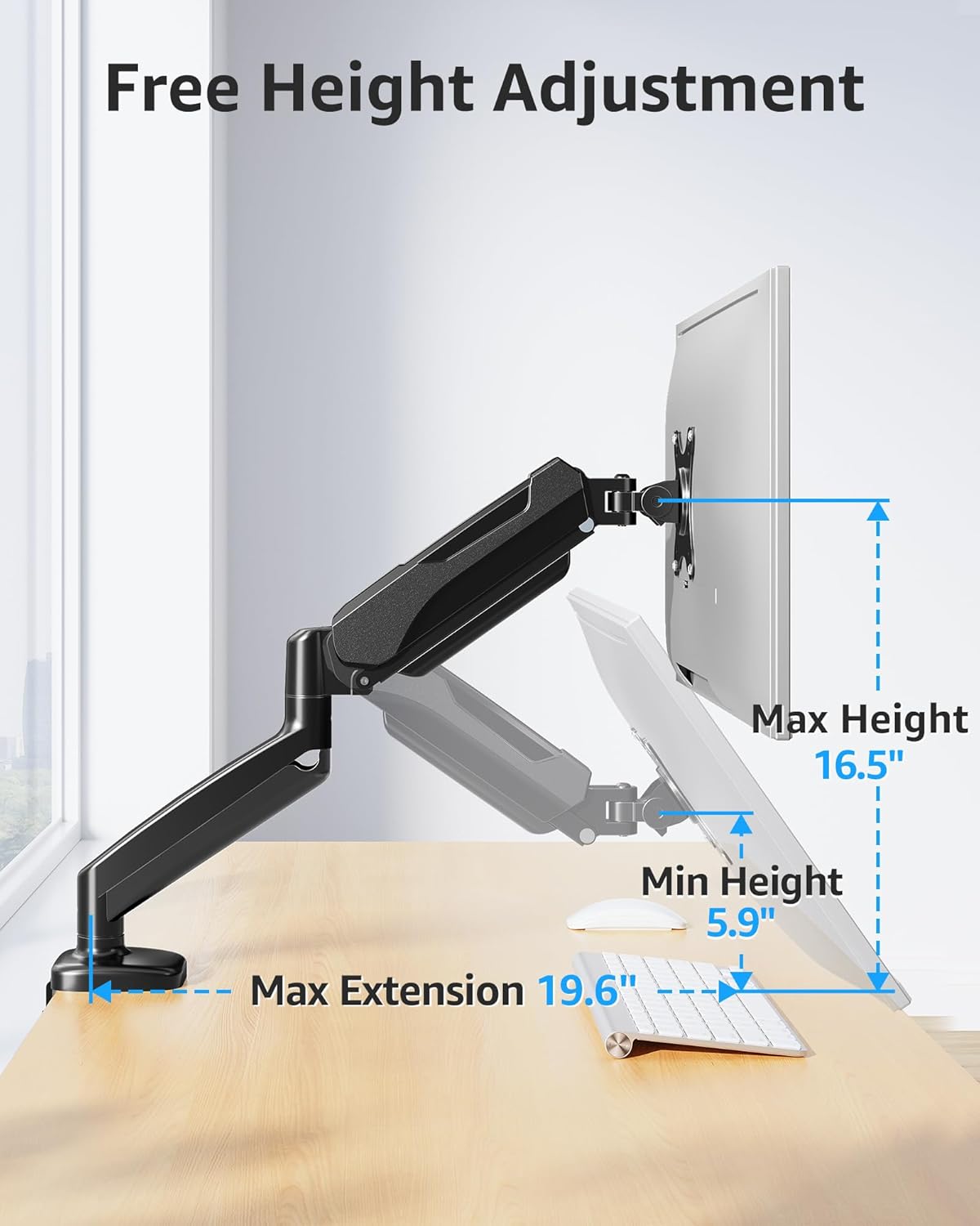 DreamAxis Single Monitor Desk Mount, Adjustable Gas Spring Monitor Arm Support Max 32 Inch, 4.4-17.6lbs Screen, Computer Monitor Stand Holder with Clamp/Grommet Mounting Base, VESA Mount Bracket, MU0004