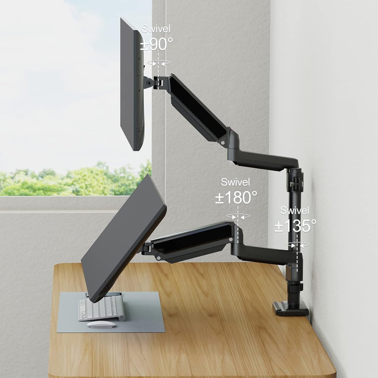 ErgoFocus Dual Monitor Mount for 13 to 32" Computer Screen, Gas Spring Monitor Stands for 2 Monitors Hold up to 19.8lbs Each, Height Adjustable Dual Monitor Desk Mount, VESA Mount 75x75/100x100 mm