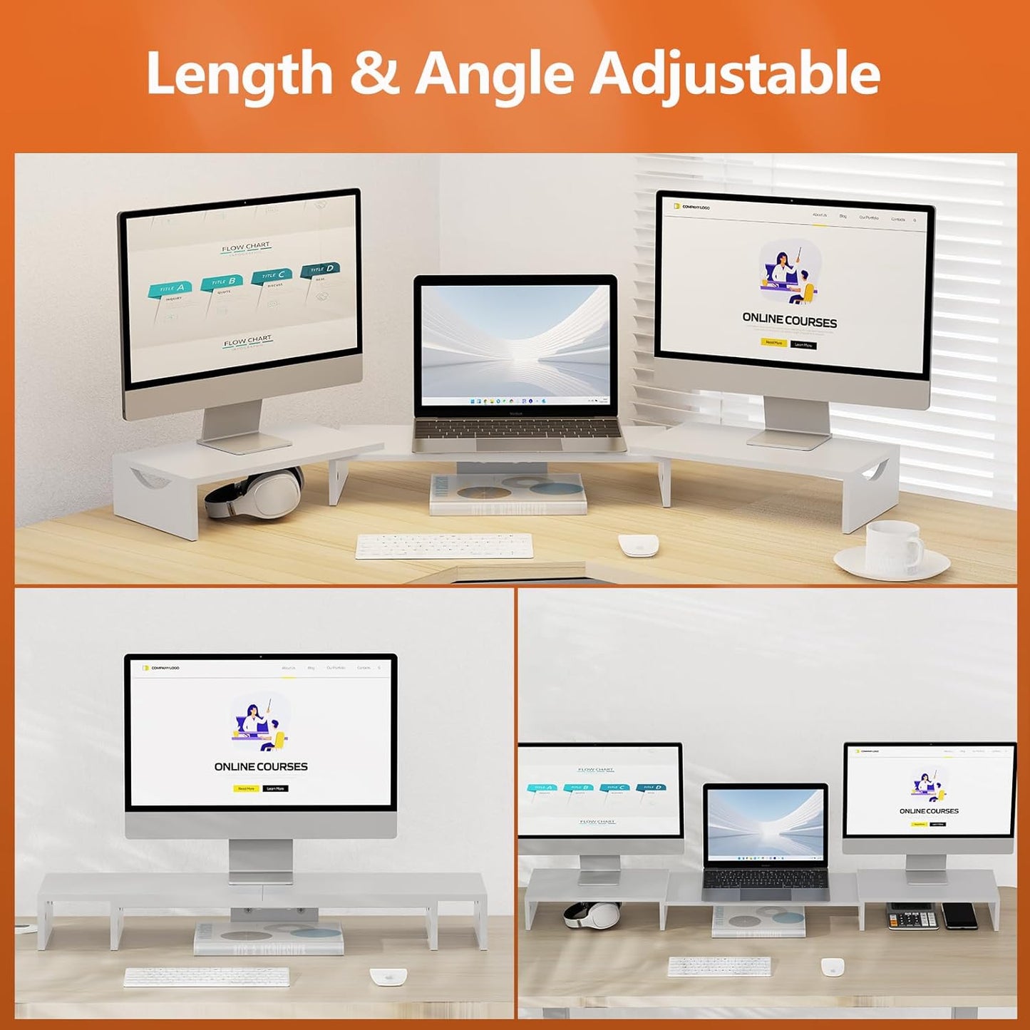 Ergofocus Triple Monitor Stand Riser, Extra Long Monitor Riser for 1~2~3 Monitors, Dual Monitor Stand with Length and Angle Adjustable, 3 Shelf Monitor Stand for Desk