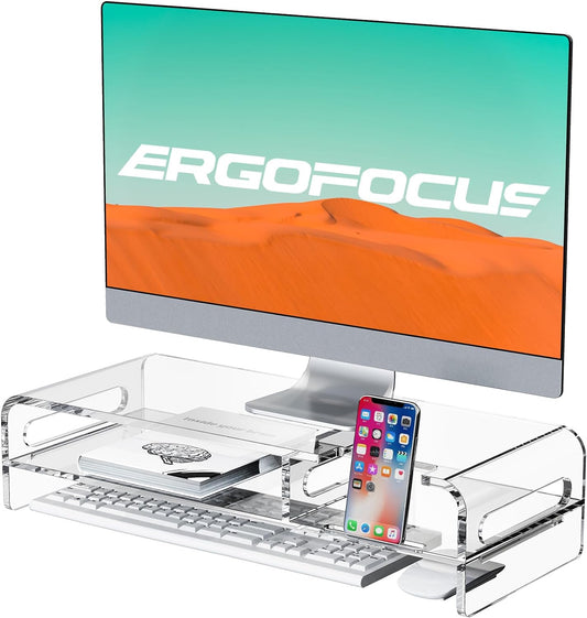 Ergofocus 20inch Large Acrylic Monitor Stand Riser, 2-Tier Clear Monitor Stand with Built-in Phone Holder, Premium Acrylic Monitor Riser with Keyboard Storage