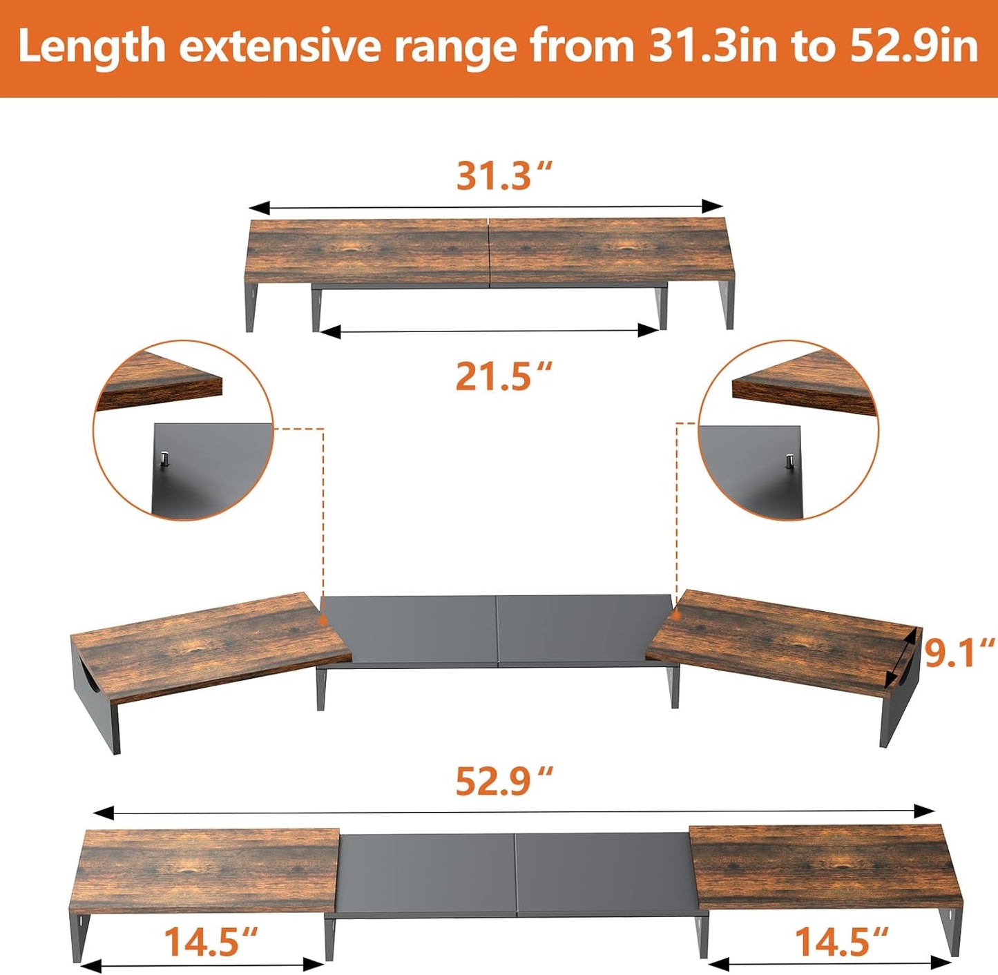 Ergofocus Triple Monitor Stand Riser, Extra Long Monitor Riser for 1~2~3 Monitors, Dual Monitor Stand with Length and Angle Adjustable, 3 Shelf Monitor Stand for Desk