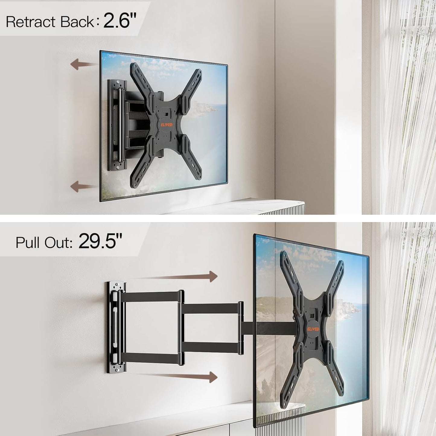 ELIVED Long Arm TV Wall Mount for Most 26-60 Inch TVs, 29.5 Inch Long Extension TV Mount Swivel and Tilt, Max VESA 400x400mm, Full Motion Wall Mount tv Bracket Holds up to 77 lbs.