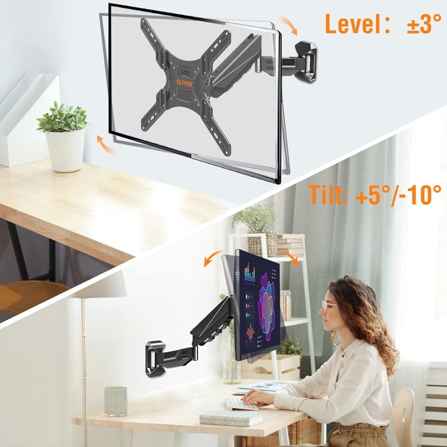 ELIVED Height Adjustable TV Wall Mount for Most 23-55 Inch TVs, Spring Arm Full Motion Swivel Tilt Articulating TV Mount Bracket, Max VESA 400x400mm, Support 11-44 lbs, YD1010