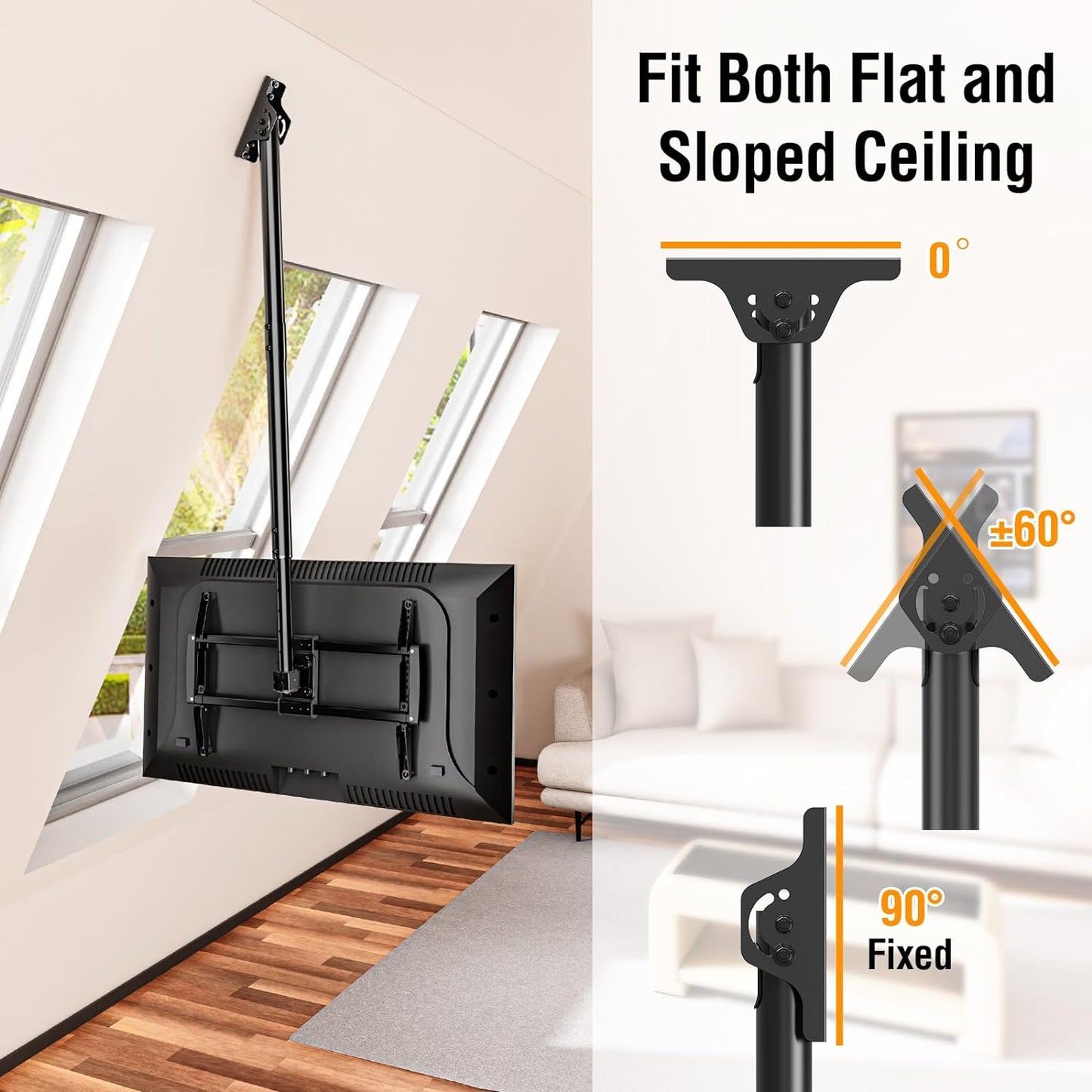 ELIVED Ceiling TV Mount for Most 37-75 Inch LED, LCD OLED Flat Curved TVs, Height Adjustable Full Motion TV Mount, Hanging TV Bracket Swivel and Tilt, Holds up to 110 lbs, Max VESA 600x400mm YD3016