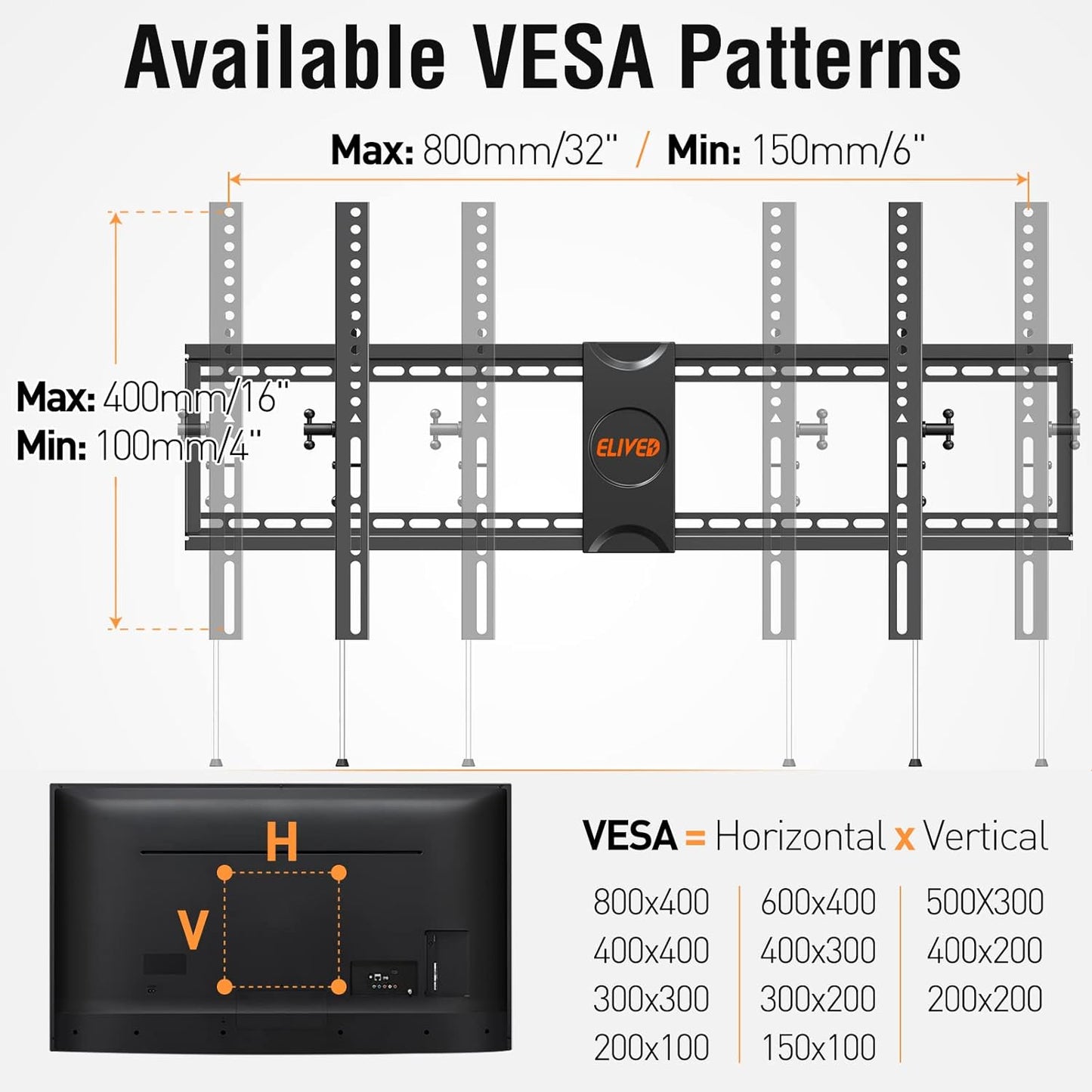 ELIVED TV Wall Mount for Most 42-86 Inch TVs, Max Load Capacity 120 lbs. Tilting TV Mount with Level Adjustment, TV Brackets for Wall Mount Max VESA 800x400mm, Fits 8-32 Inch Studs.