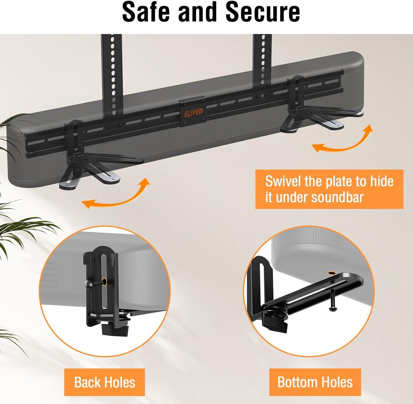 ELIVED Soundbar Mount, Soundbar Mounting Bracket Under TV for Soundbar with Holes/Without Holes, Sound Bar TV Bracket with 6.5" L-Brackets Swivel to fit Various Soundbar, 15 Lbs Loading, YD5011