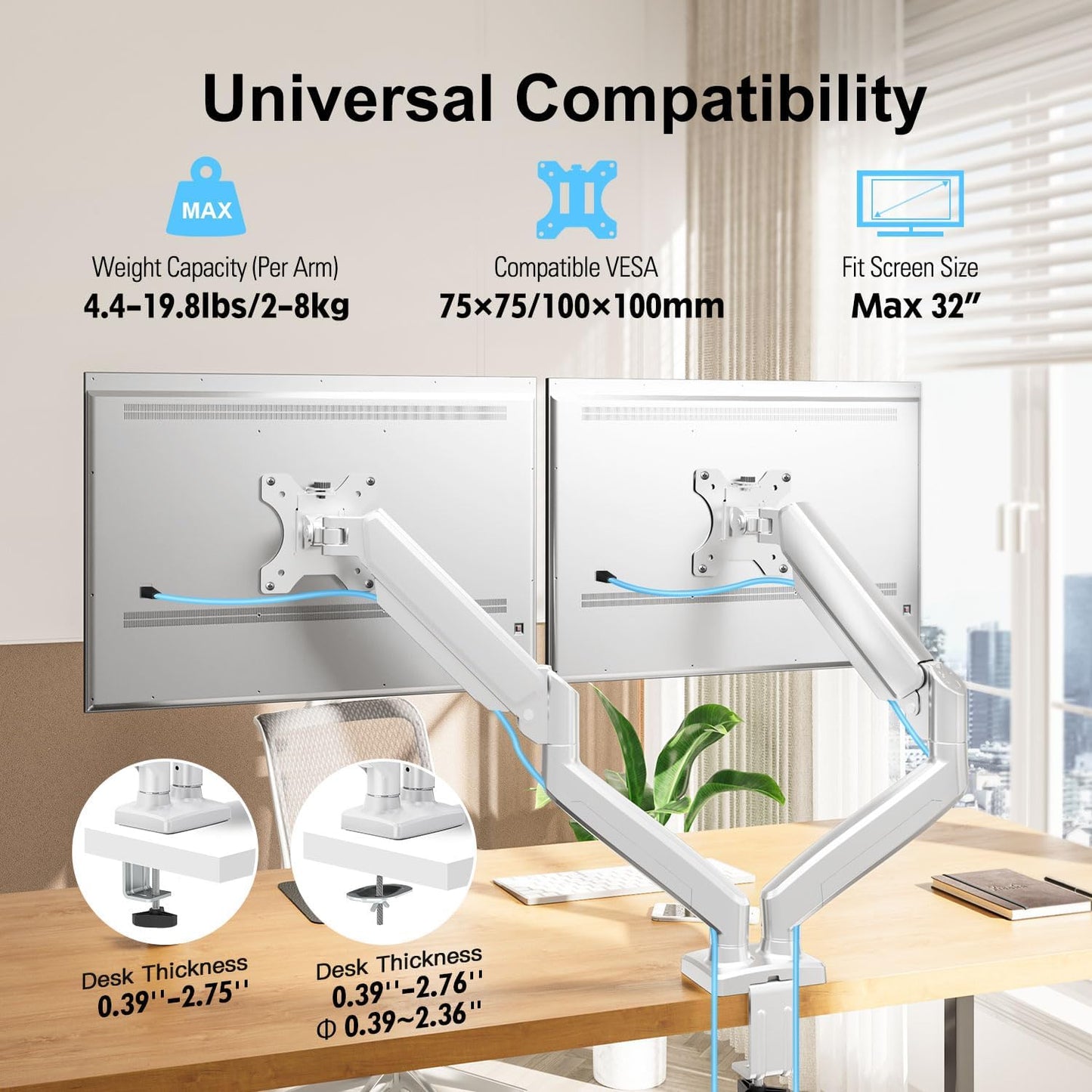 ErgoFocus Dual Monitor Mount Fits 13 to 32 Inch Computer Screen, Dual Monitor Arm Hold up to 19.8lbs Each, Full Motion Monitor Desk Mounts for 2 Monitors, Gas Spring Monitor Stand, VESA Mount, White