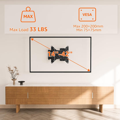 TV Monitor Wall Mount Swivel and Tilt for Most 14-42 Inch LED LCD Flat Curved TVs, Full Motion TV Wall Mount TV Bracket with Articulating Arm, Max VESA 200x200mm up to 33lbs