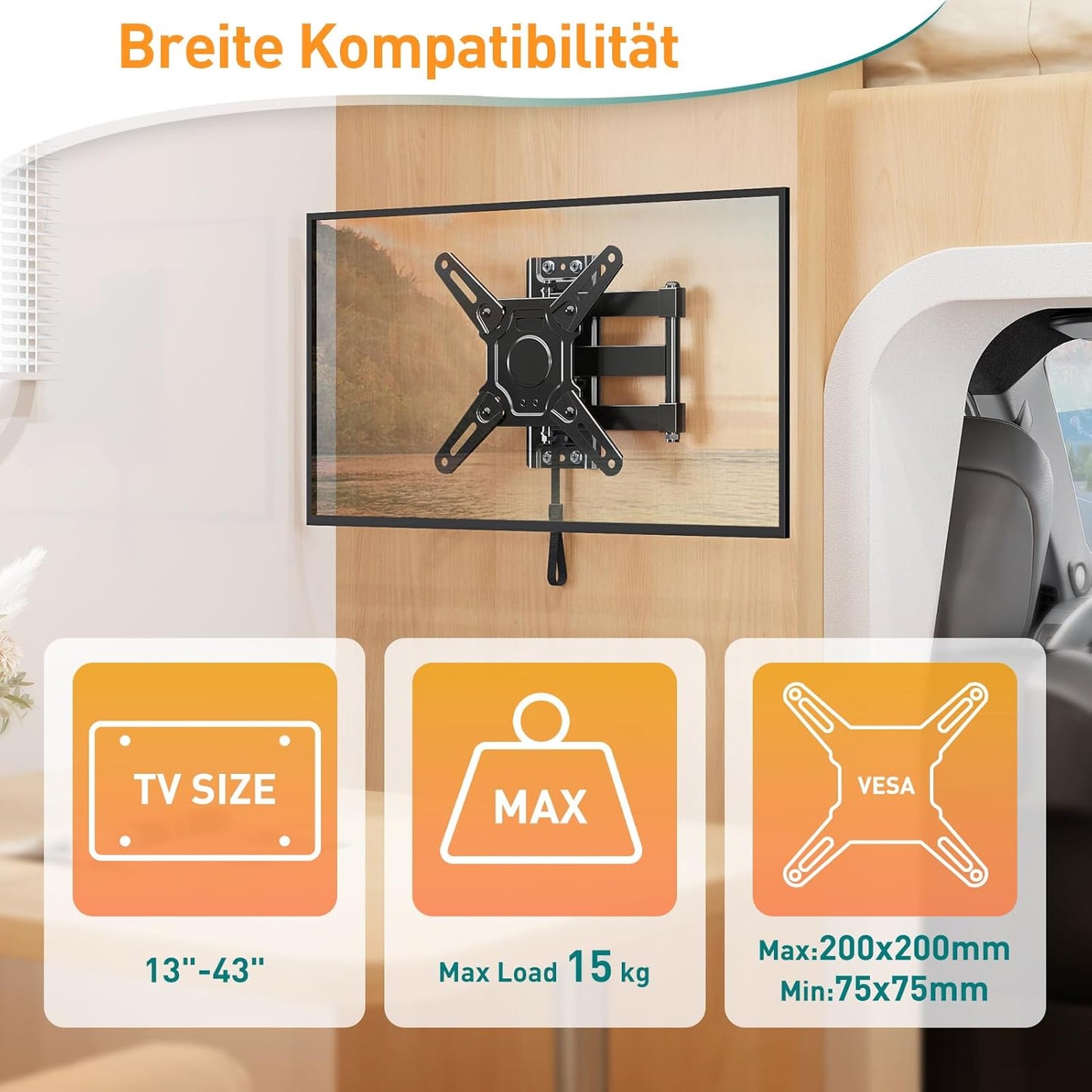 ELIVED RV TV-Halterung für Wohnmobile, Wohnwagen Arretierbare TV Halterung für die meisten 13-43 Zoll TVs, Schwenk- und neigbar für Wohnwagen, Wohnmobile, LKWs. max VESA 200x200mm bis zu 15 KG