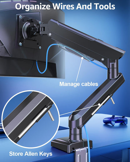 Freelift Single Arm Monitor Desk Mount for 13-32 inch Screen, Tool Free Height Adjustable Gas Spring Arm, Gaming Monitor Arm Holds 2-9kg, VESA 75 & 100mm, C-clamp & Grommet Options, Black