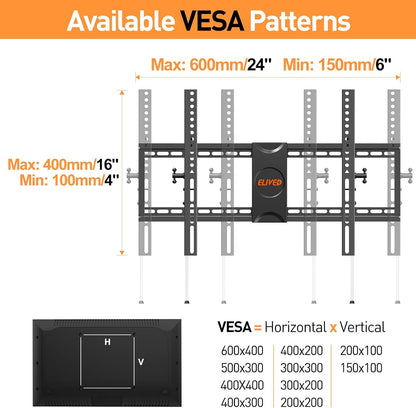 ELIVED TV Wall Mount for Most 37-75 Inch TVs, Holds up to 120 lbs, Leveling Adjustable Tilt TV Mount Fits 8"-24" Studs, Max VESA 600x400mm, Flat Wall Mount Bracket.