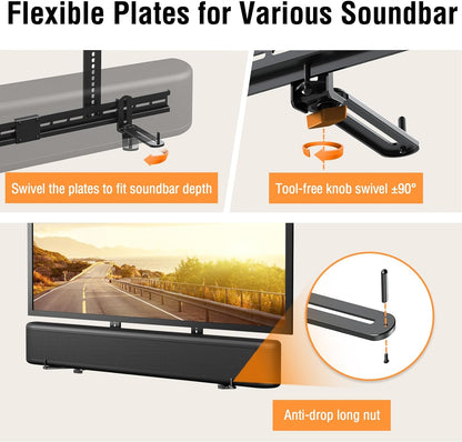 ELIVED Soundbar Mount, Soundbar Mounting Bracket Under TV for Soundbar with Holes/Without Holes, Sound Bar TV Bracket with 6.5" L-Brackets Swivel to fit Various Soundbar, 15 Lbs Loading, YD5011