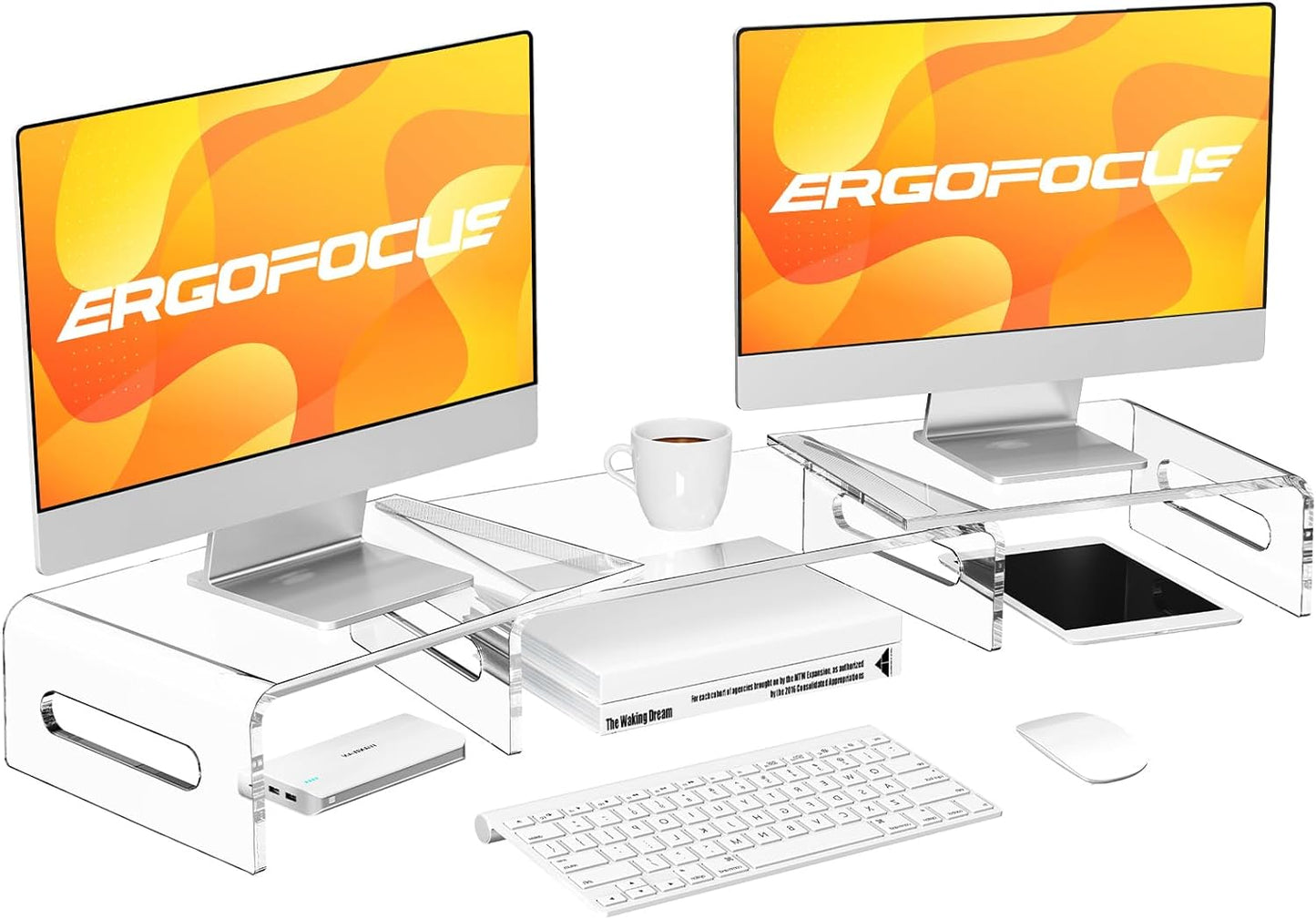 ErgoFocus Acrylic Monitor Stand Riser, Dual Monitor Stand with Adjustable Length and Angle, Clear Monitor Stand for 2 Monitors, 3 Shelf Monitor Stand Riser with Anti-Slip Mat for Computer