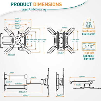 ELIVED EV012 TV Wall Mount Swivelling Tilting TV Wall Mount Extendible for Most 14-42 Inch LED, LCD, OLED TVs up to 15 kg with Max VESA 200 x 200 mm