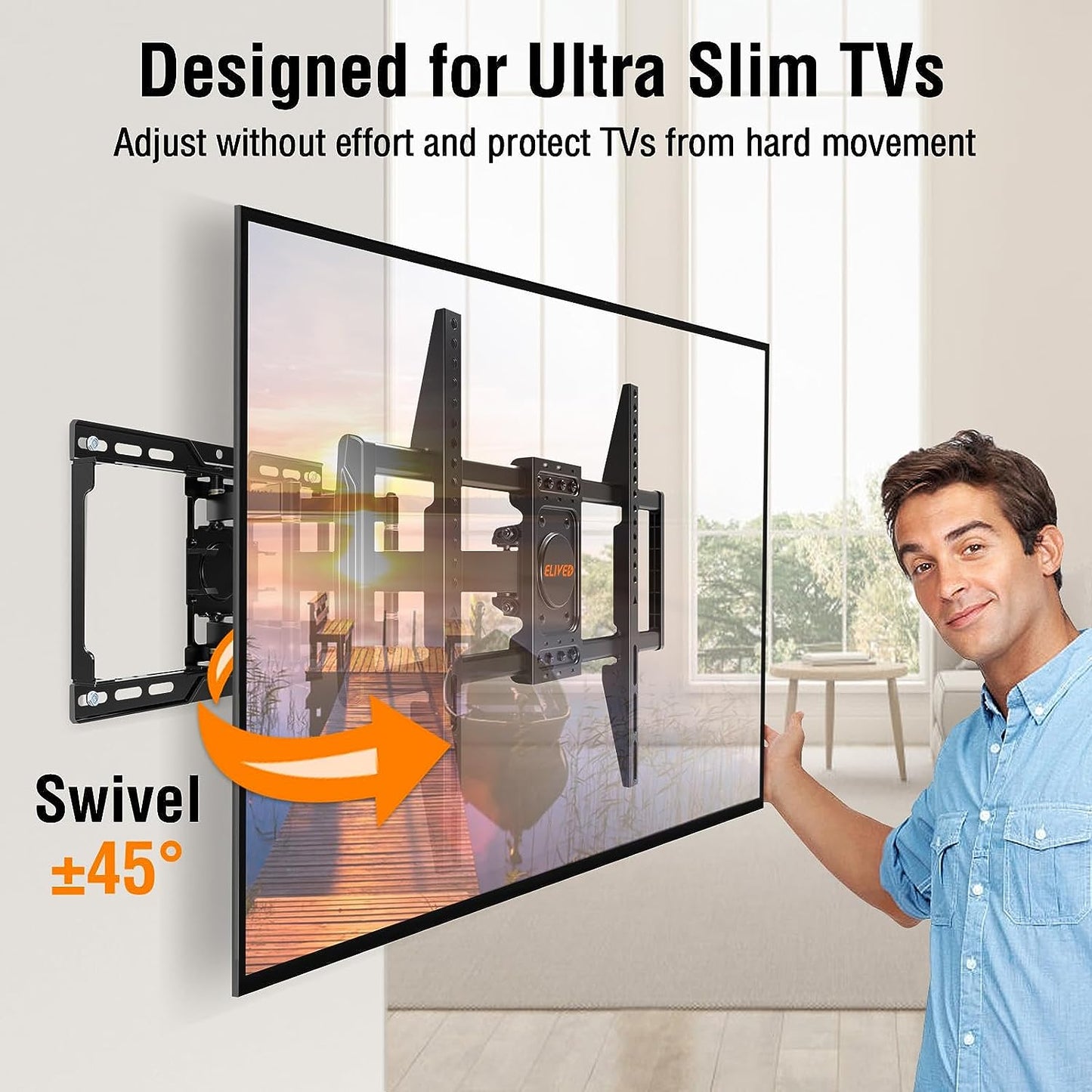 ELIVED TV Wall Mount for Most 37-82 Inch OLED QLED TVs, 8 Ball Bearings Smooth Swivel Extend for Ultra Slim Screens, Full Motion Wall Mount TV Bracket Max VESA 600x400mm, 100 lbs. Fits 16" Wood Studs