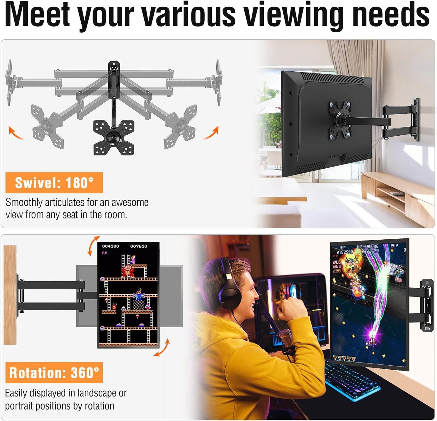 ELIVED TV Wall Mount for Most 13-30 inch TVs and Monitors, Swivel and Tilt Full Motion TV Mount Brackets, Rotation Articulating Extension Arm, Single Stud for Corner, Max VESA 100x100mm, 33 lbs.