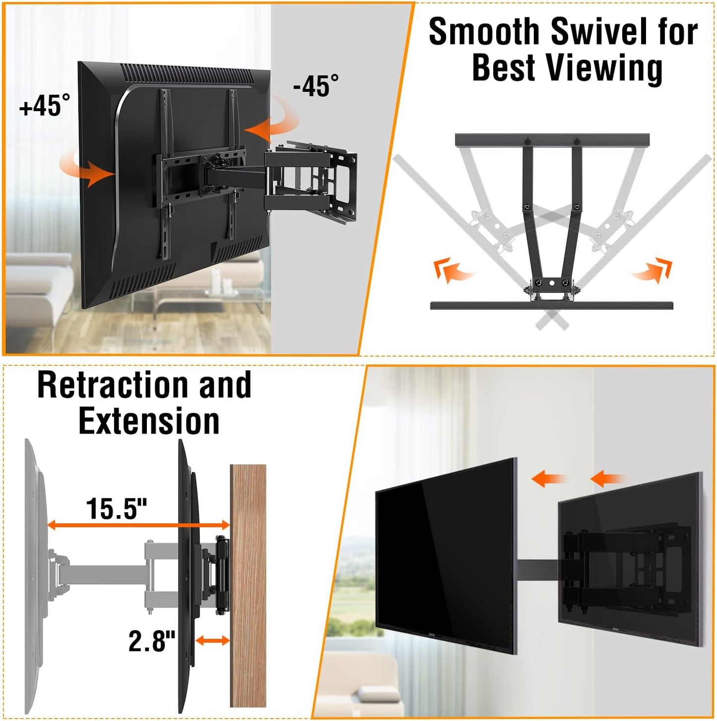 ELIVED UL Listed TV Wall Mount for Most 26-65 Inch TVs, Full Motion TV Mount with Swivel and Tilt, Wall Mount TV Bracket with Dual Articulating Arms, Max VESA 400x400mm, Holds up to 99 lbs.