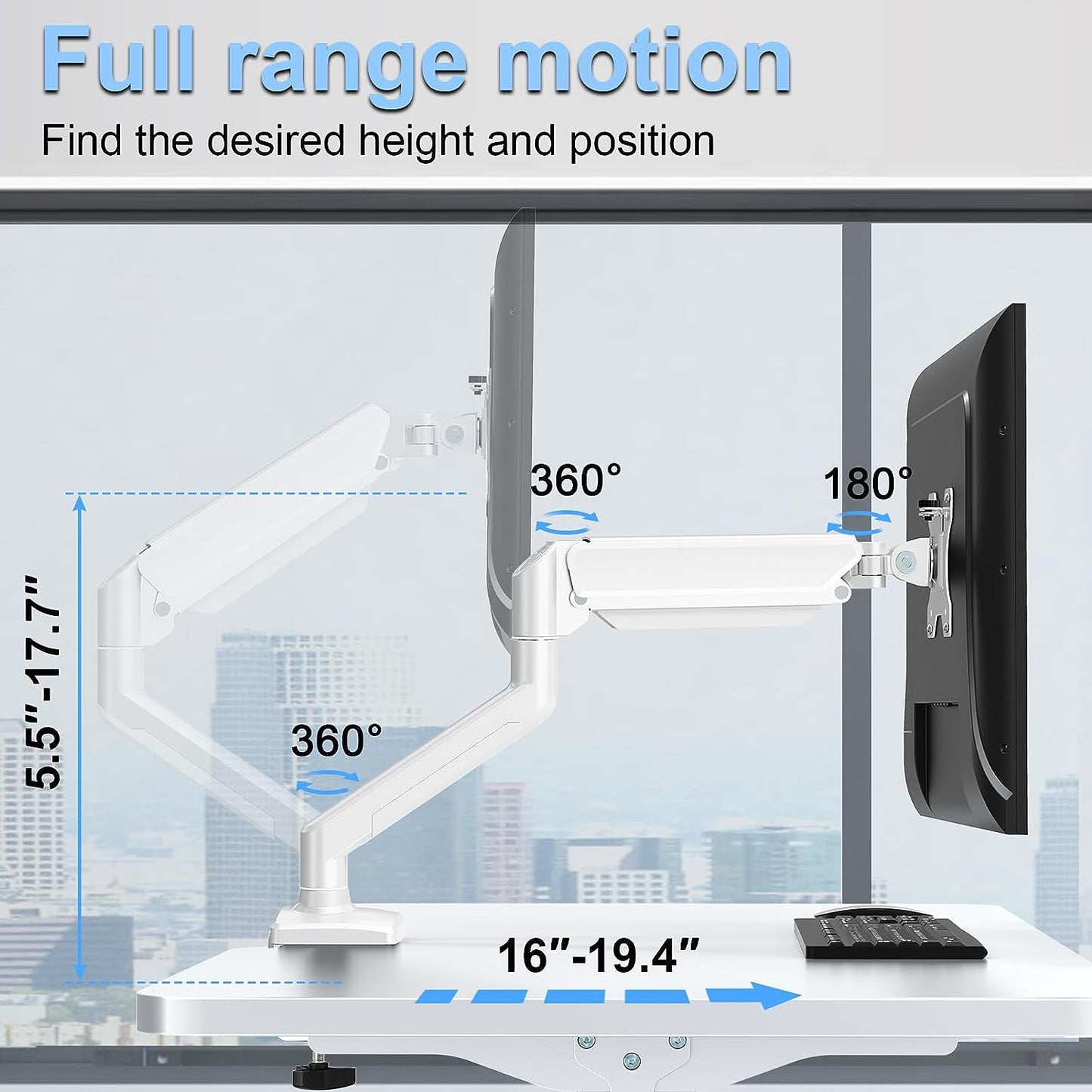 ErgoFocus Single Monitor Mount Arm Fits Monitor up to 32 Inch, Monitor Desk Mount Holds 4.4-19.8lbs Computer Screen, Full Motion Gas Spring Monitor Desk Mount, VESA Mount, White