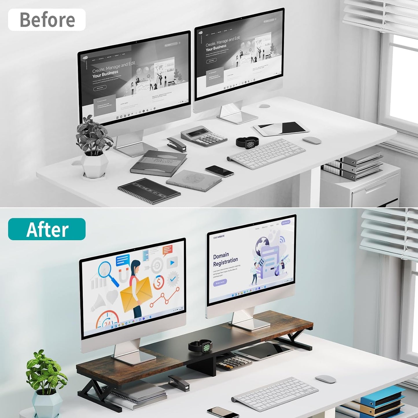 ErgoFocus Dual Monitor Stand Riser, Large Wood Monitor Riser for 2 Monitors, Monitor Lift with Storage for Desk, Sturdy Wood&Steel Multi Screen Stand, Desktop Organizer Monitor Stand for Computer