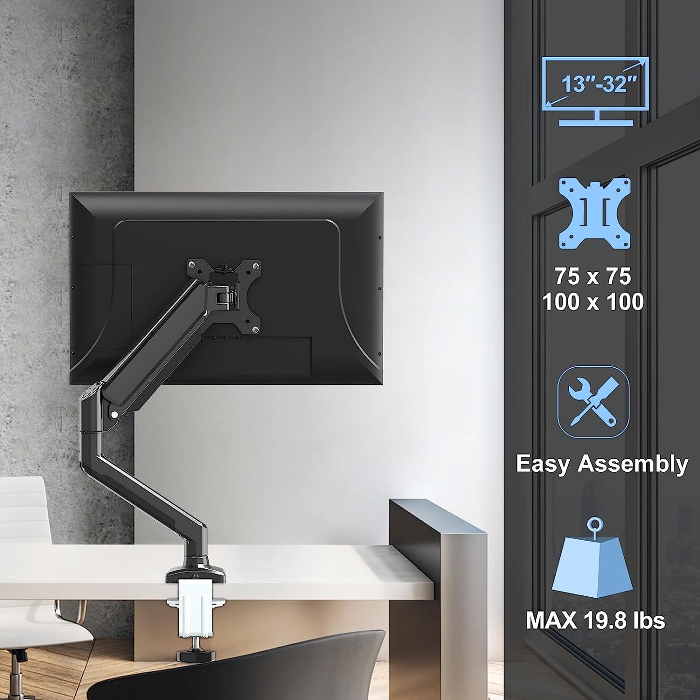 ErgoFocus Single Monitor Mount Arm Fits Monitor up to 32 Inch, Monitor Desk Mount Holds 4.4-19.8lbs Computer Screen, Full Motion Gas Spring Monitor Desk Mount, VESA Mount 75x75, 100x100