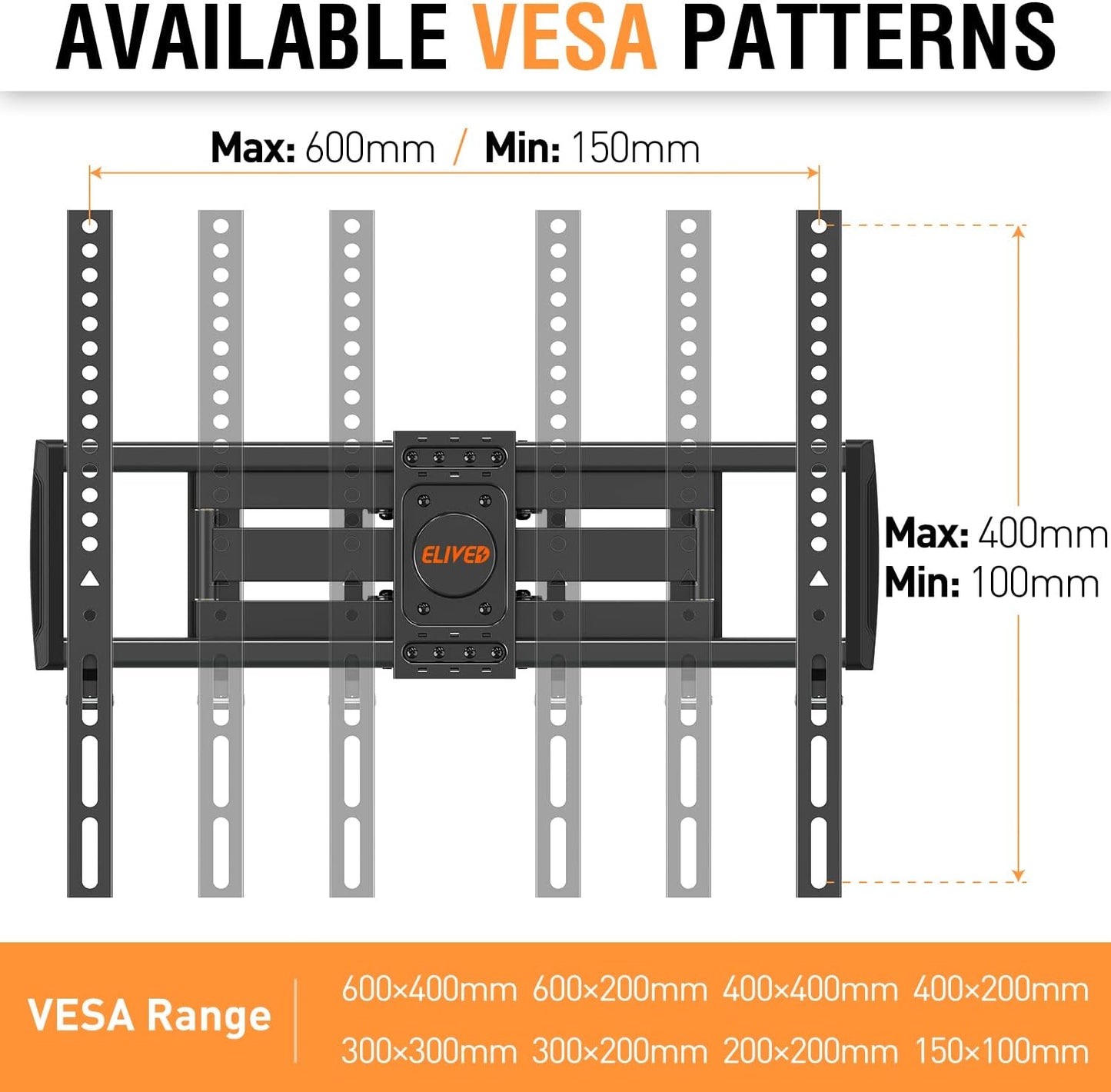 ELIVED UL Listed TV Wall Mount for Most 37-82 Inch Flat Screen TVs, Swivel and Tilt Full Motion TV Mount Bracket, Max VESA 600x400mm, 100 lbs. Loading, Fits 16" Wood Studs, YD3003