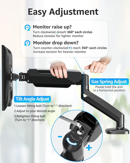 DreamAxis Single Monitor Desk Mount, Adjustable Gas Spring Monitor Arm Support Max 32 Inch, 4.4-17.6lbs Screen, Computer Monitor Stand Holder with Clamp/Grommet Mounting Base, VESA Mount Bracket, MU0004