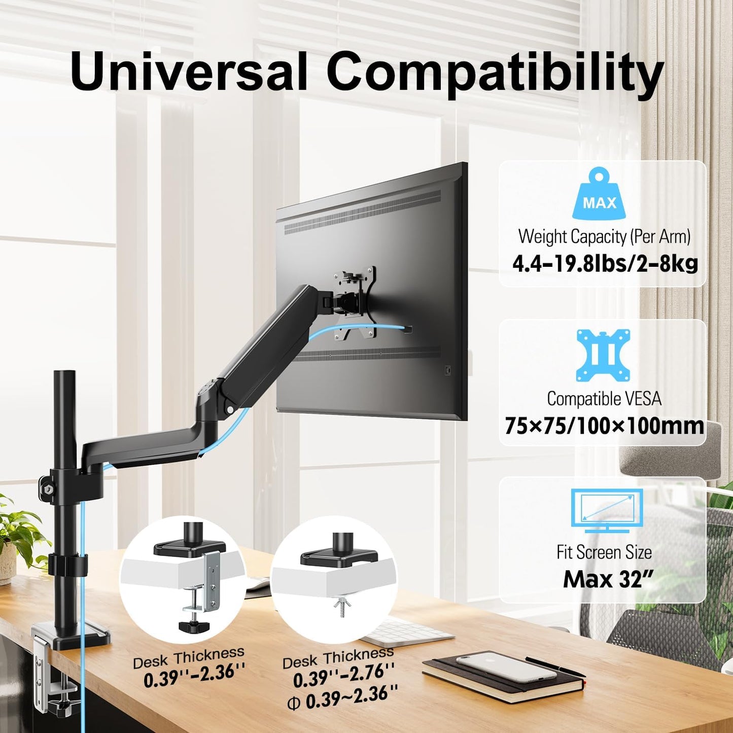 ErgoFocus Single Monitor Mount fits 13-32" Computer Screen, Heavy Duty Single Monitor Desk Mount Hold up to 19.8lbs, Height Adjustable Full Motion Gas Spring Monitor Arm, VESA Mount 75x75/100x100