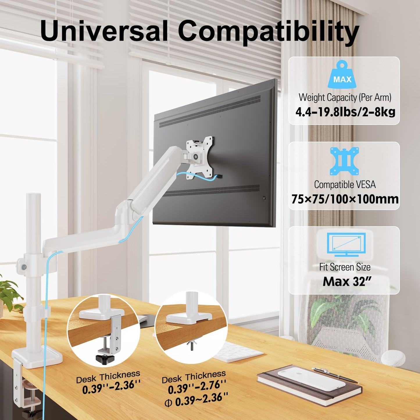 ErgoFocus Single Monitor Mount fits 13-32" Computer Screen, Heavy Duty Single Monitor Desk Mount Hold up to 19.8lbs, Height Adjustable Full Motion Gas Spring Monitor Arm, VESA Mount,White