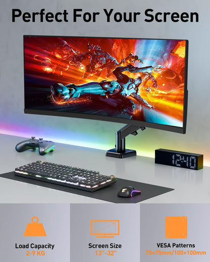 ELIVED Single Monitor Arm - Adjustable Gas Spring Monitor Stand for 13-32 Inch Screens up to 9KG, Ergonomic Desk Mount with Tilt, Swivel & Rotate, VESA 75/100mm, 2 Mounting Clamp, Black, EV6013B