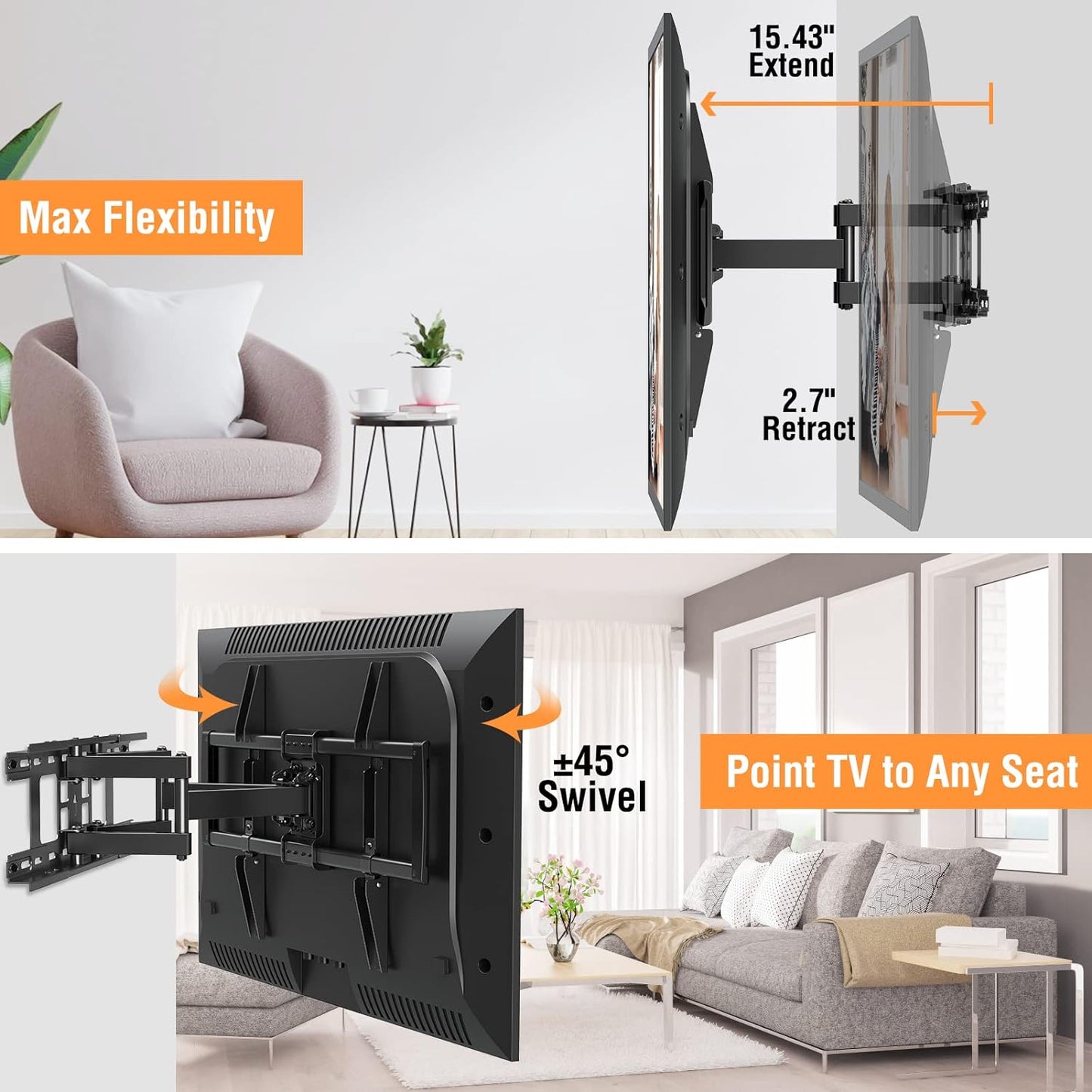 ELIVED TV Wall Mount for Most 37-75 Inch LED, LCD, OLED TVs, Full Motion TV Mount Fit 16", 18", 24" Studs, Wall Mount TV Bracket Swivel and Tilt with Articulating 6 Arms, Max VESA 600x400mm, 99 lbs.