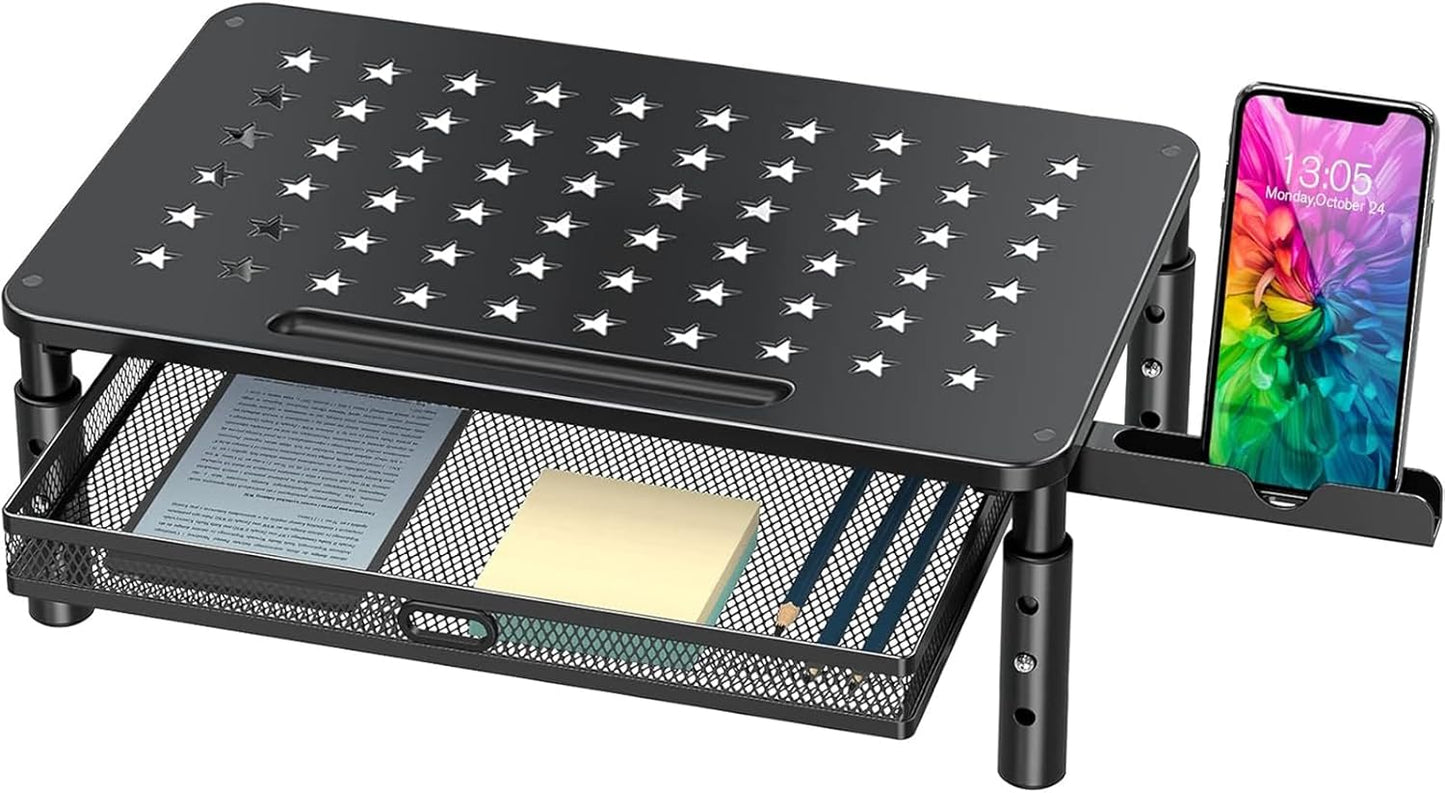 DreamAxis Monitor Stand Riser with Metal Mesh Drawer, Height Adjustable with Phone Holder for Computer, Laptop, Printer, Notebook, Computer Monitor Stand with Storage