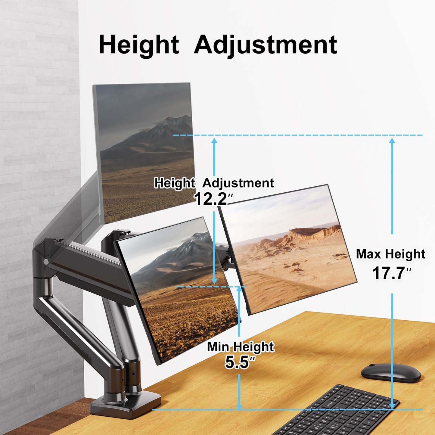 ErgoFocus Dual Monitor Mount Fits 13 to 32 Inch Computer Screen, Dual Monitor Arm Hold up to 19.8lbs Each, Full Motion Monitor Desk Mounts for 2 Monitors, Gas Spring Monitor Stand, VESA Mount