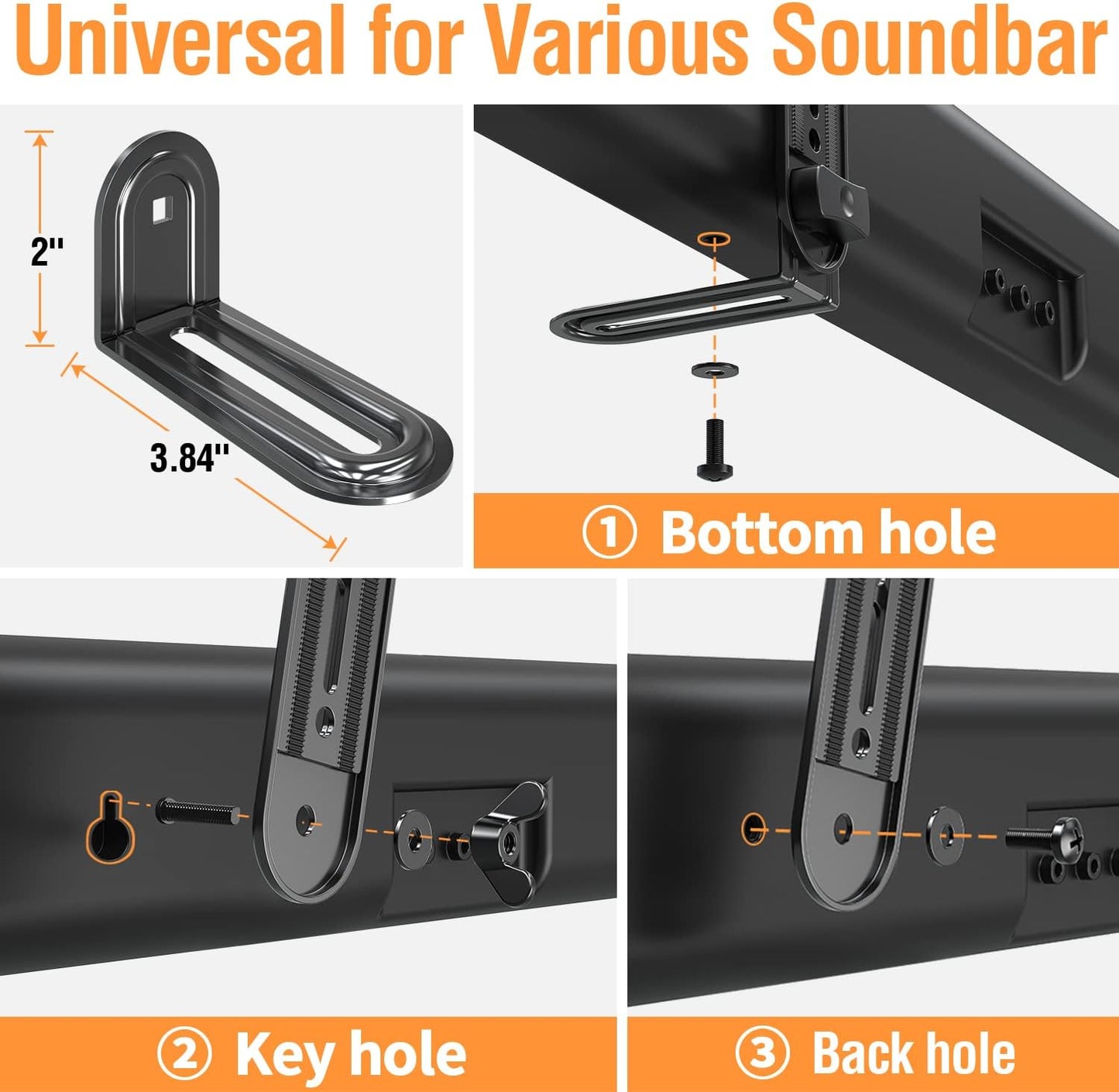 ELIVED Soundbar Mount, Sound Bar TV Bracket, for Mounting Above or Under TV, Fits Most Sound Bars Up to 15 Lbs, Tool-Free Knob Adjustable, for 23-90" TVs with Detachable Extension Arms and L-Brackets