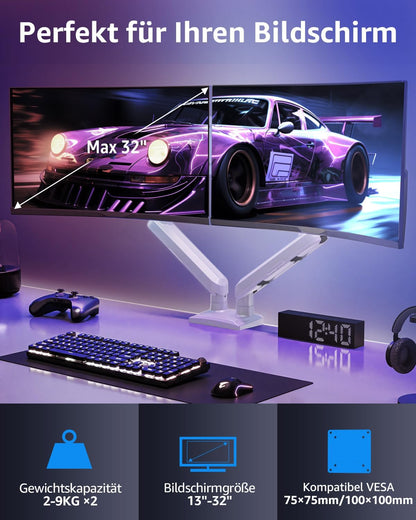 ELIVED EV6012W Monitor Mount 2 Monitors for 13-32 Inch Screens, Screen Mount 2 Monitors Holds 2-9 kg Monitor with VESA 75/100 mm, Gas Spring Monitor Arm with Tilting, Swivelling, Rotating, White