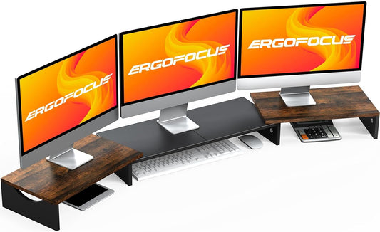 Ergofocus Triple Monitor Stand Riser, Extra Long Monitor Riser for 1~2~3 Monitors, Dual Monitor Stand with Length and Angle Adjustable, 3 Shelf Monitor Stand for Desk
