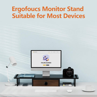 ErgoFocus Dual Monitor Stand Riser with Drawer-Adjustable Length and Angle, Monitor Stand Riser for 2 Monitors, Desktop Organizer Stand for Computer/Laptop/PC/Printer (Black)