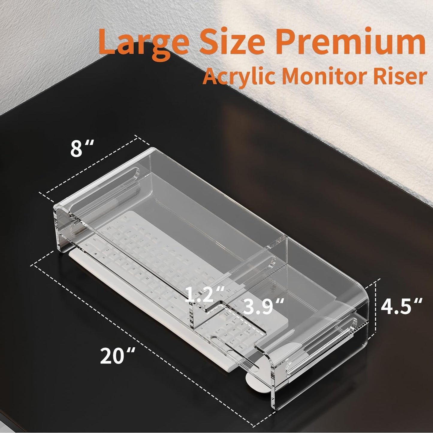 Ergofocus 20inch Large Acrylic Monitor Stand Riser, 2-Tier Clear Monitor Stand with Built-in Phone Holder, Premium Acrylic Monitor Riser with Keyboard Storage