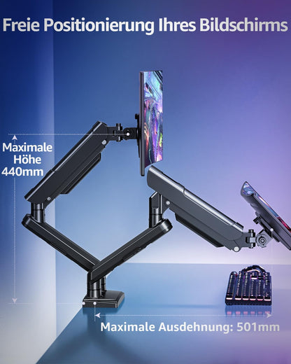 ELIVED EV6012B Monitor Mount 2 Monitors for 13-32 Inch Screens, Screen Mount 2 Monitors Holds 2-9 kg Monitor with VESA 75/100 mm, Gas Spring Monitor Arm with Tilt, Swivel, Rotatable