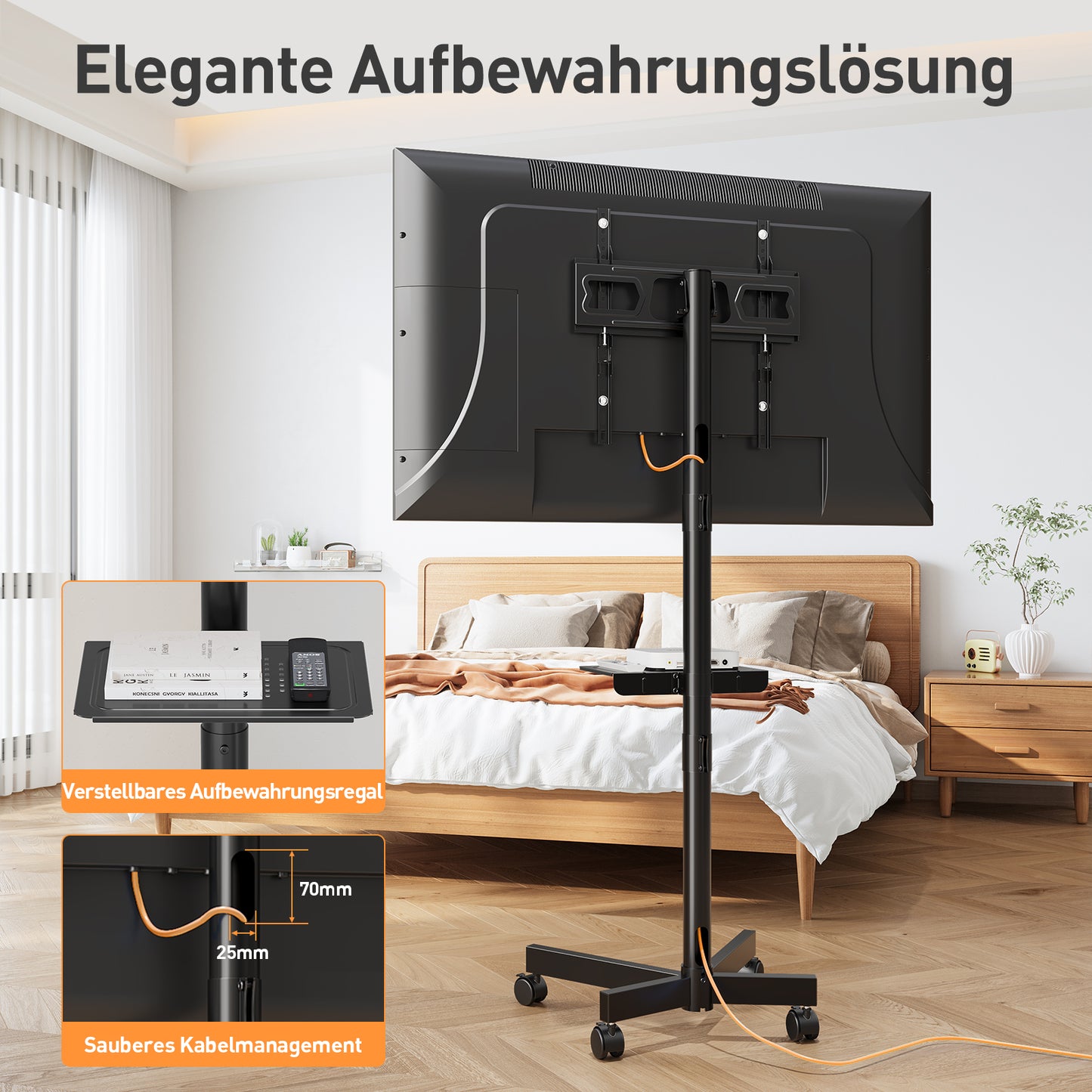 ELIVED TV Ständer Rollbar für 26-65 Zoll Fernseher bis zu 35kg, Max VESA 400x400mm, Mobiler TV Stand mit Rollen Höhenverstellbar Fernseher Bodenständer EV1117
