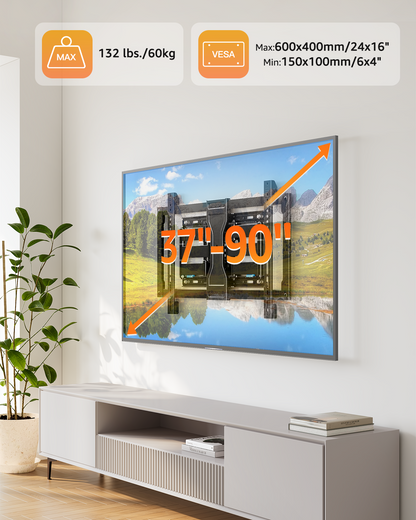 ELIVED 1.1" Ultra Slim TV Wall Bracket for 37-90 Inch TVs, Heavy Duty TV Bracket 60kg, Full Motion Articulating TV Wall Mount, Max VESA 600x400mm, Fits 16" Wood Studs
