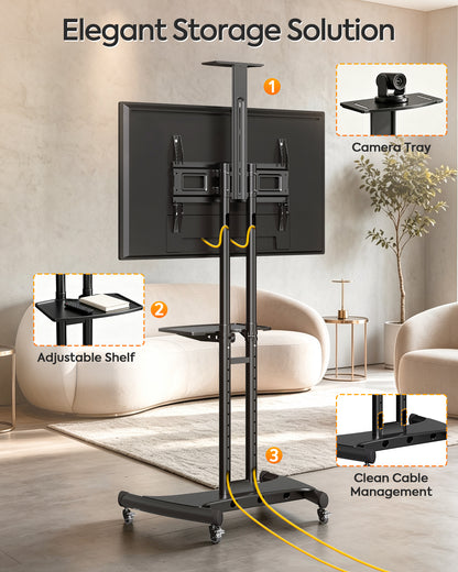 ELIVED Heavy‑Duty Rolling TV Stand for 40‑85 Inch TV Holds up to 100 lbs| Mobile TV Cart with wide anti‑tip base, 10-step height adjustment, max VESA 600x400, AV‑webcam shelves, lockable 360° casters
