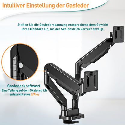 ELIVED Monitor Halterung 2 Monitore für 13-39" Bildschirme, Gasfeder Monitor Arm hält 2-15 kg Monitor mit VESA 75/100mm, Bildschirmhalterung 2 Monitore mit USB Kabeln EV3206