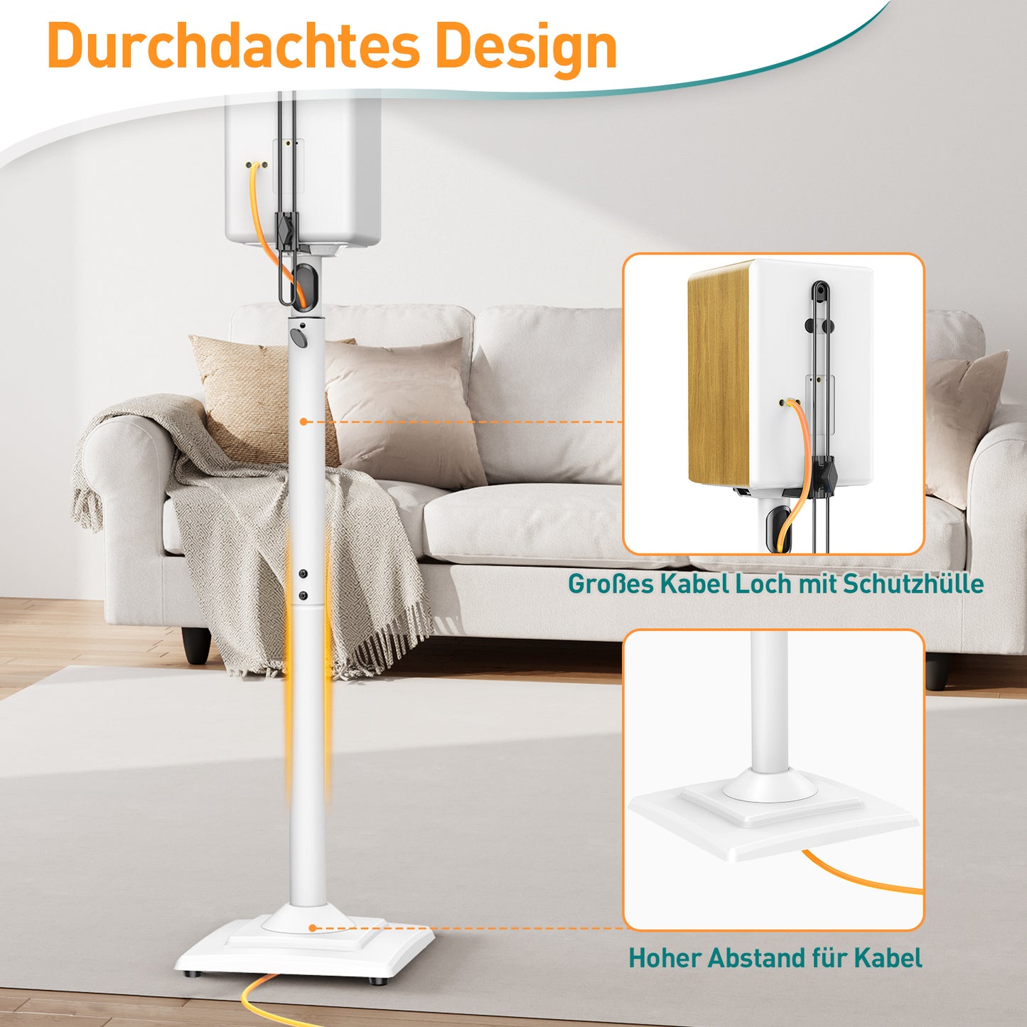 ELIVED Universal Lautsprecherständer höhenverstellbar bis 106cm, Boxenständer mit interner Kabelkanal für Regallautsprecher, 5kg Tragkraf, Weiß, 1 Paar