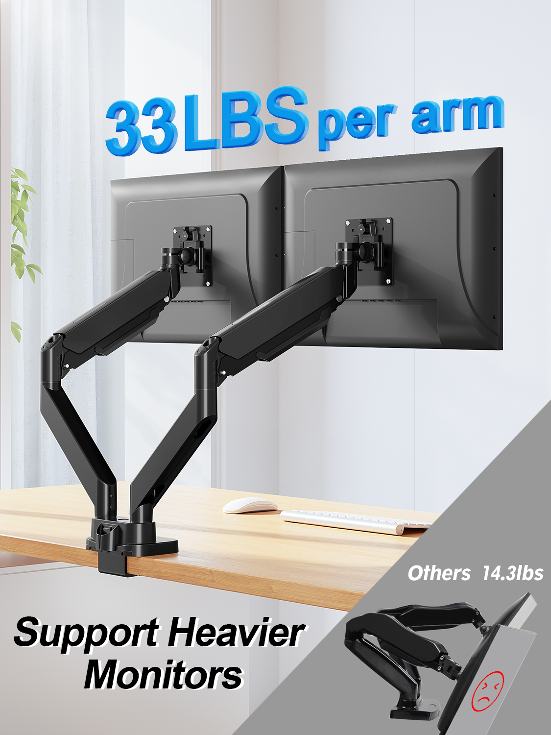 ErgoFocus Dual Monitor Mount Fits Max 39" Computer Screen, Hold 4.4-33 lbs Each Ultrawide Desk Mount, Adjustable Gas Spring Double Monitor Arm, Monitor Stand for 2 Monitors with USB, VESA