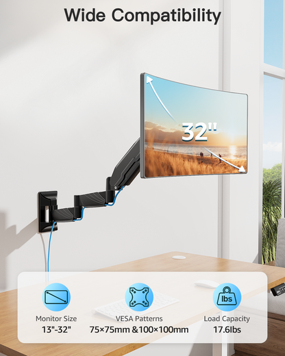 ErgoFocus Long Arm Monitor Wall Mount for Max 32 inch Computer Screen, Extra Long Adjustable Single Wall Mount Monitor Arm, Full Motion Vesa Wall Bracket 100x100, Hold up to 17.6lbs, Black