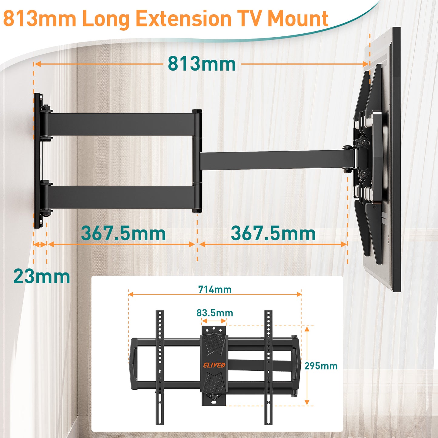 ELIVED 813mm Long Arm TV Wall Bracket for Most 37-75 Inch TVs, Universal Long Extension Arm Corner TV Wall Mount, With Tilt, Swivel, Up to 45 kg, Max VESA 600x400mm