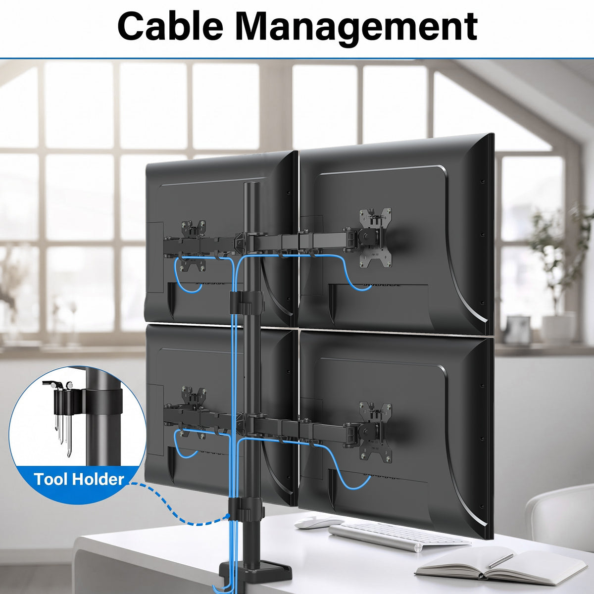ErgoFocus 4 Monitor Mount for Max 32", Quad Monitor Arm for Desk Fully Adjustable Stacked 4 Desk Stand, 4 Heavy Duty Monitor Mount, Holds up to 17.6lbs per Arm, VESA Mount