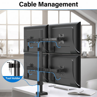 ErgoFocus 4 Monitor Mount for Max 32", Quad Monitor Arm for Desk Fully Adjustable Stacked 4 Desk Stand, 4 Heavy Duty Monitor Mount, Holds up to 17.6lbs per Arm, VESA Mount